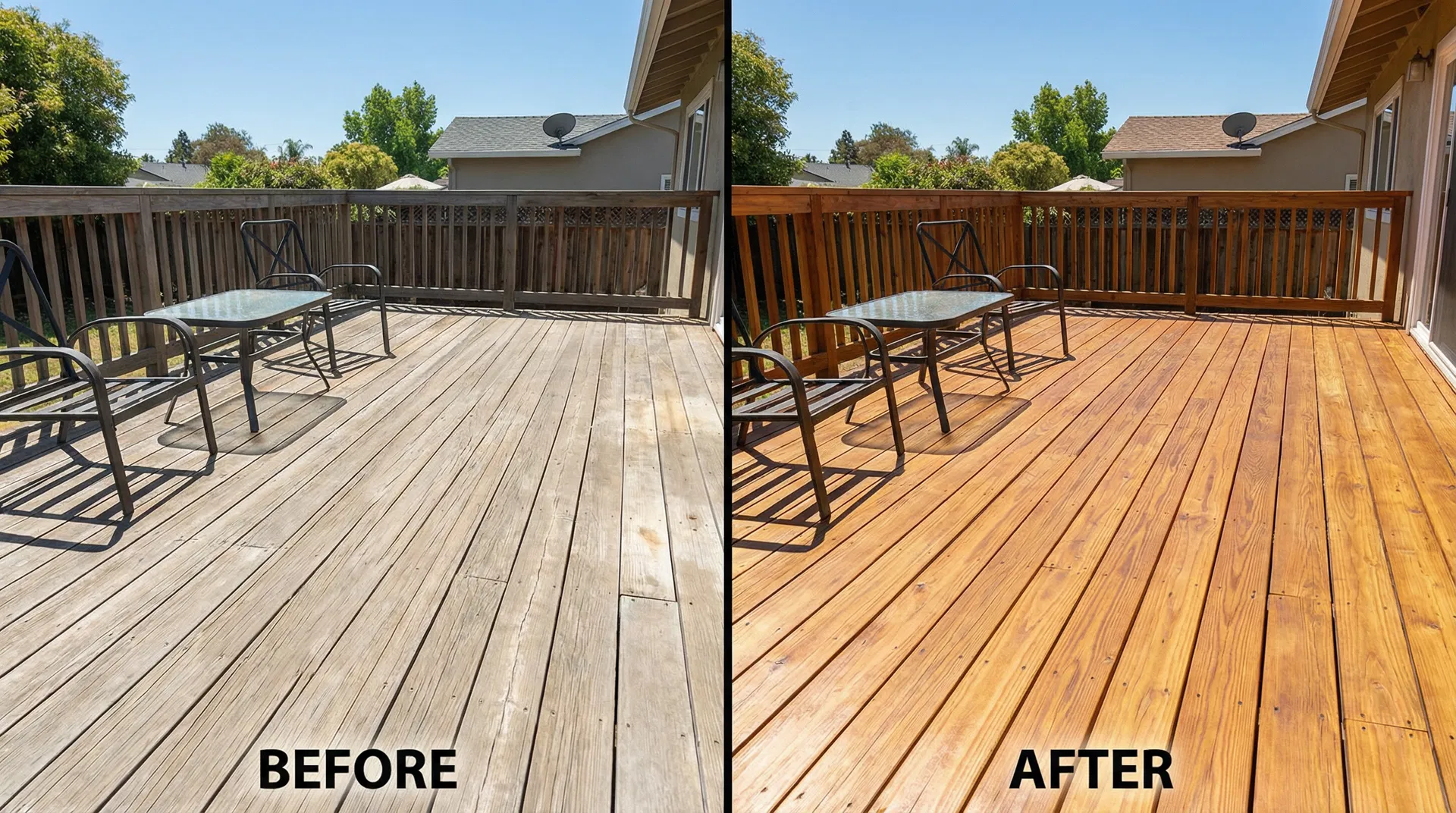 Deck staining before and after restoration comparison