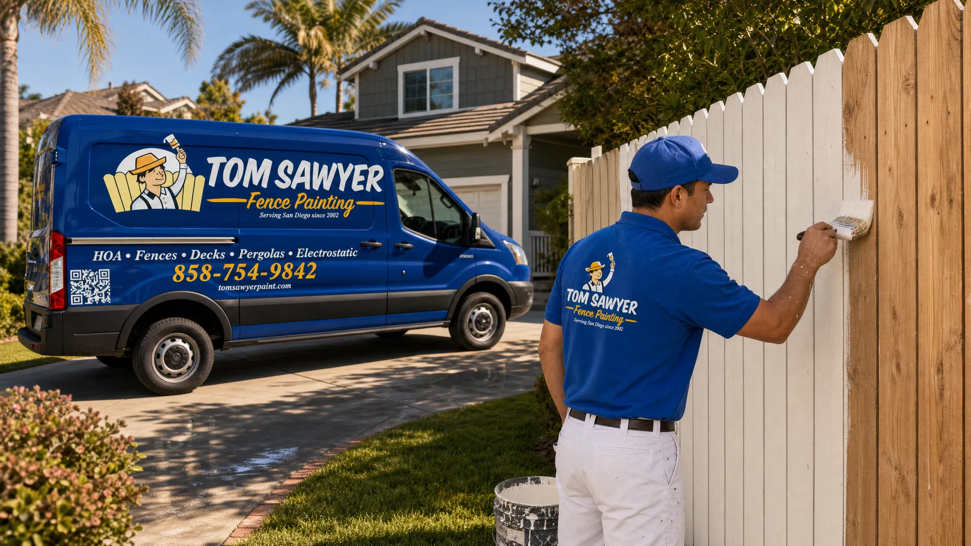Tom Sawyer Fence Painting team member painting a residential wood fence beside a branded Tom Sawyer service van